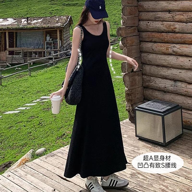 Black Slim-fitting Sleeveless Chest Pad Long Dress Women's Summer Popular New Skirt Slim Small Black Dress