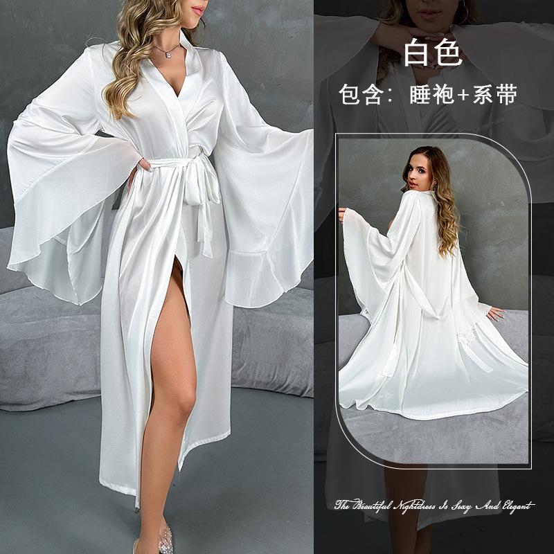 Hot-selling satin pajamas women s long-sleeved ruffle edge chiffon splicing nightgown bathrobe loungewear women s S