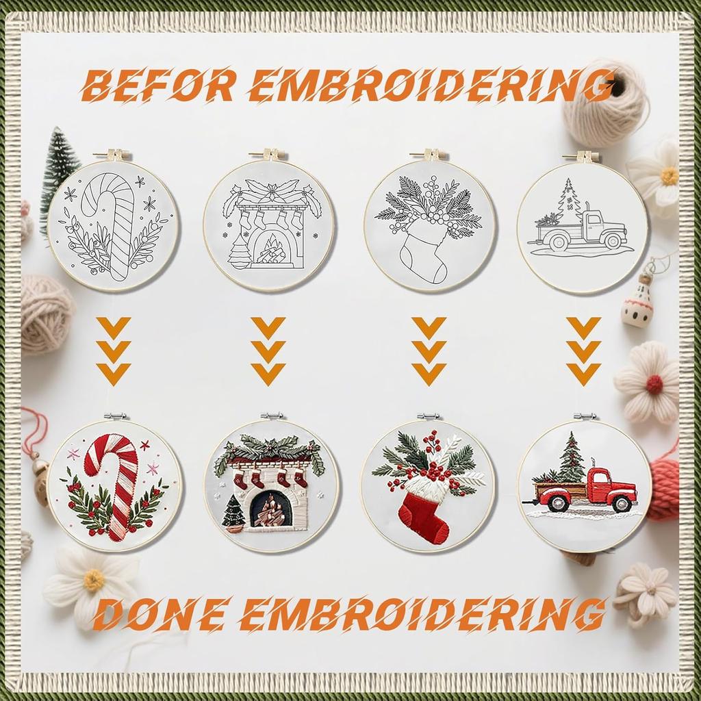 4 Sets Christmas Embroidery Kit for Beginners Cross Stitch Kits Needlepoint Kits for Adults with Pattern Needles Threads Tools