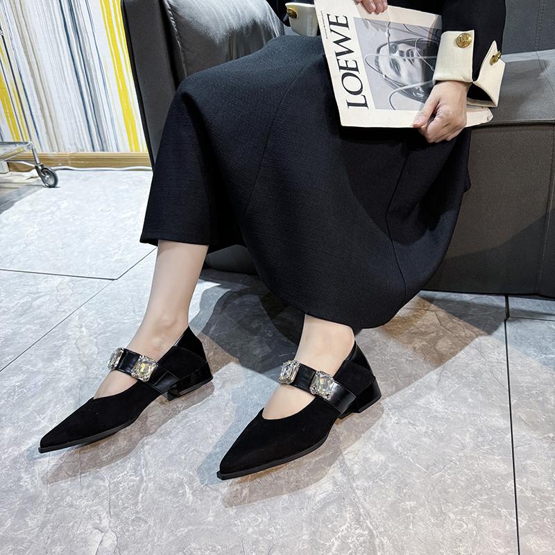 Fashion Spring New Coarse Heel Shoes Women's Fashion Pointed Shallow Mouth Suede Leopard Glitter Soft Soled Non-slip Low Top Shoes