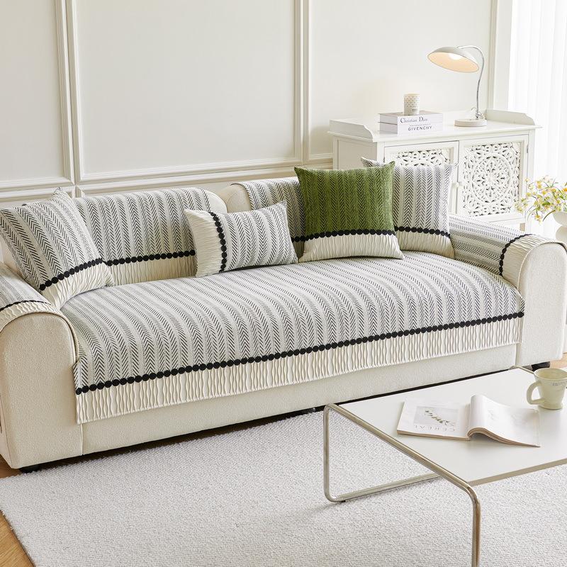Light French Cream Wind Sofa Cushion  New Fish Bone Pattern Chenille Leather Sofa Non-Slip Backrest Cover Cloth Towel