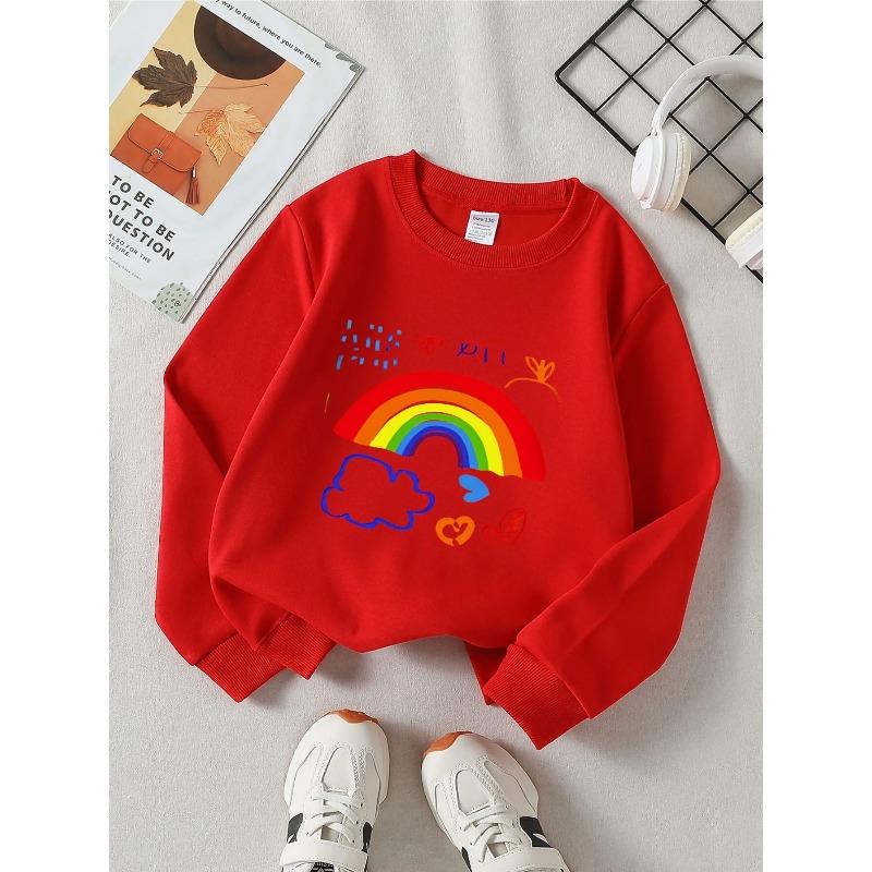 Kids Unisex Crewneck Sweatshirt, Kids Hand Drawn Rainbow Cloud Hearts Doodle Print Soft Fleece Pullover For Kids Over 4 Years Old