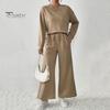 2 Pcs/Set Women Top Pants Suit Round Neck Long Sleeves Textured Solid Color Sweatshirt Elastic Waist Wide Leg Trousers Daily Wear Sport Outfit Fall
