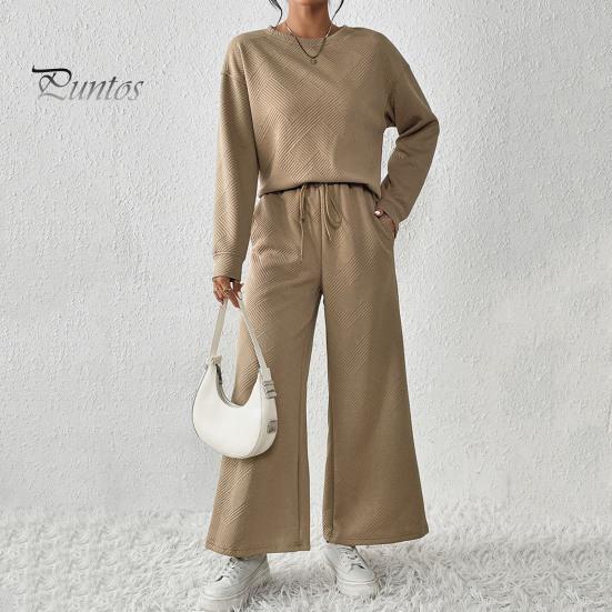 2 Pcs/Set Women Top Pants Suit Round Neck Long Sleeves Textured Solid Color Sweatshirt Elastic Waist Wide Leg Trousers Daily Wear Sport Outfit Fall