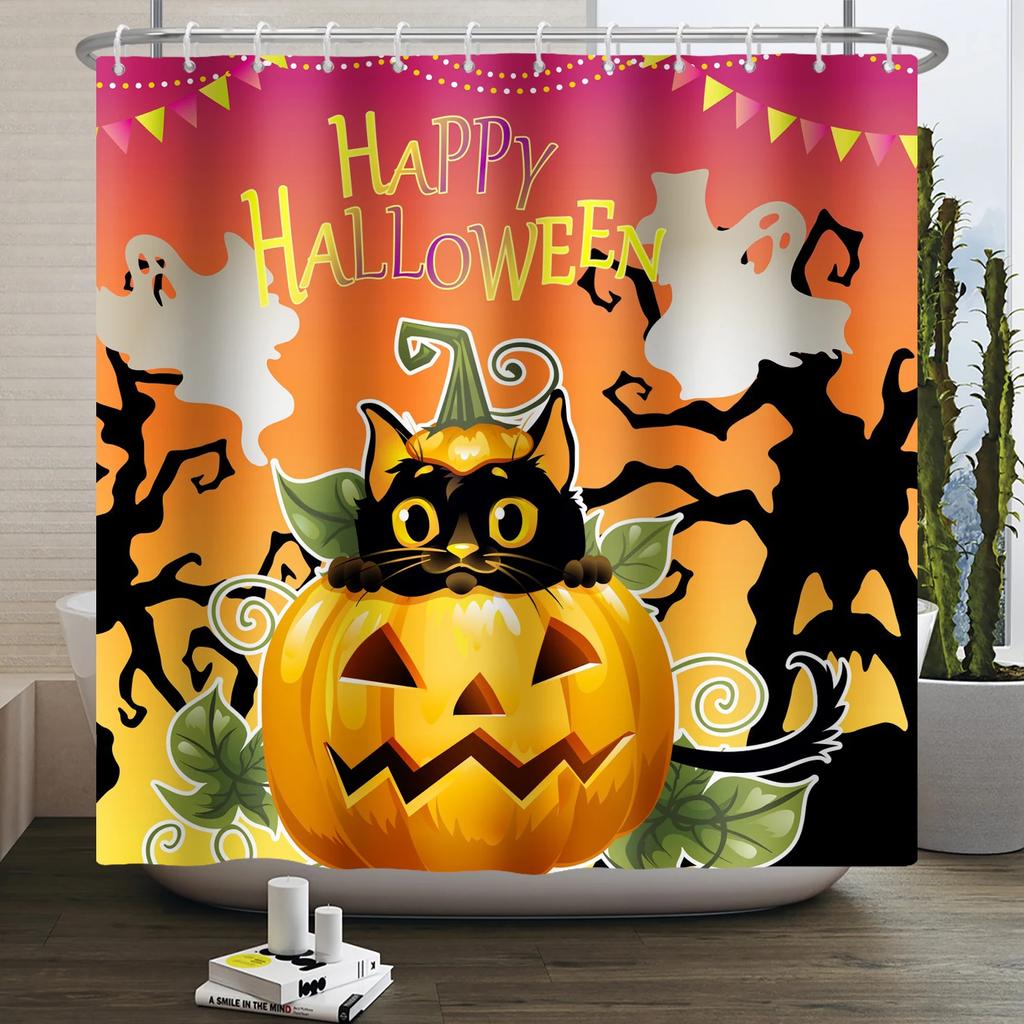 Halloween Shower Curtain Funny Horror Pumpkin Bat Cartoon Cat Happy Halloween Bathroom Curtain for Kids Waterproof Bath Curtain