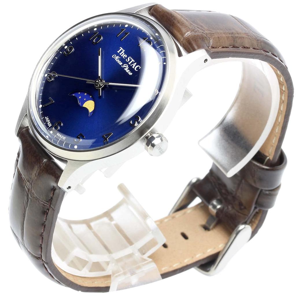 The STAC Japanese-made 36mm Antique Retro Wristwatch for Men and Women, Unisex, Moon Phase Arabic with Blue-Brown Crocodile, ST-MF001