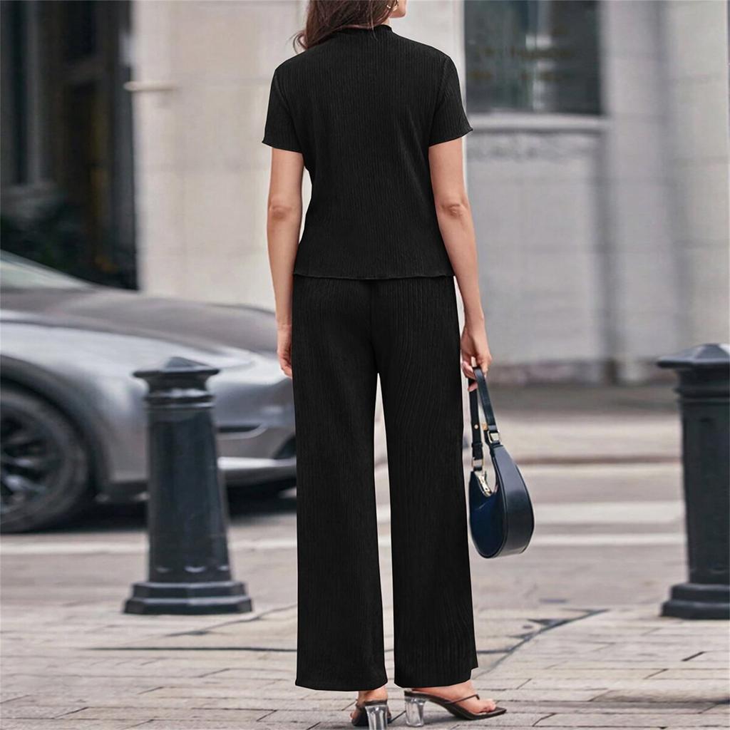 Women's Two Piece Set High Neck Short Sleeve Loose Fit Top with Wide Leg Pants Casual Lounge Wear Set