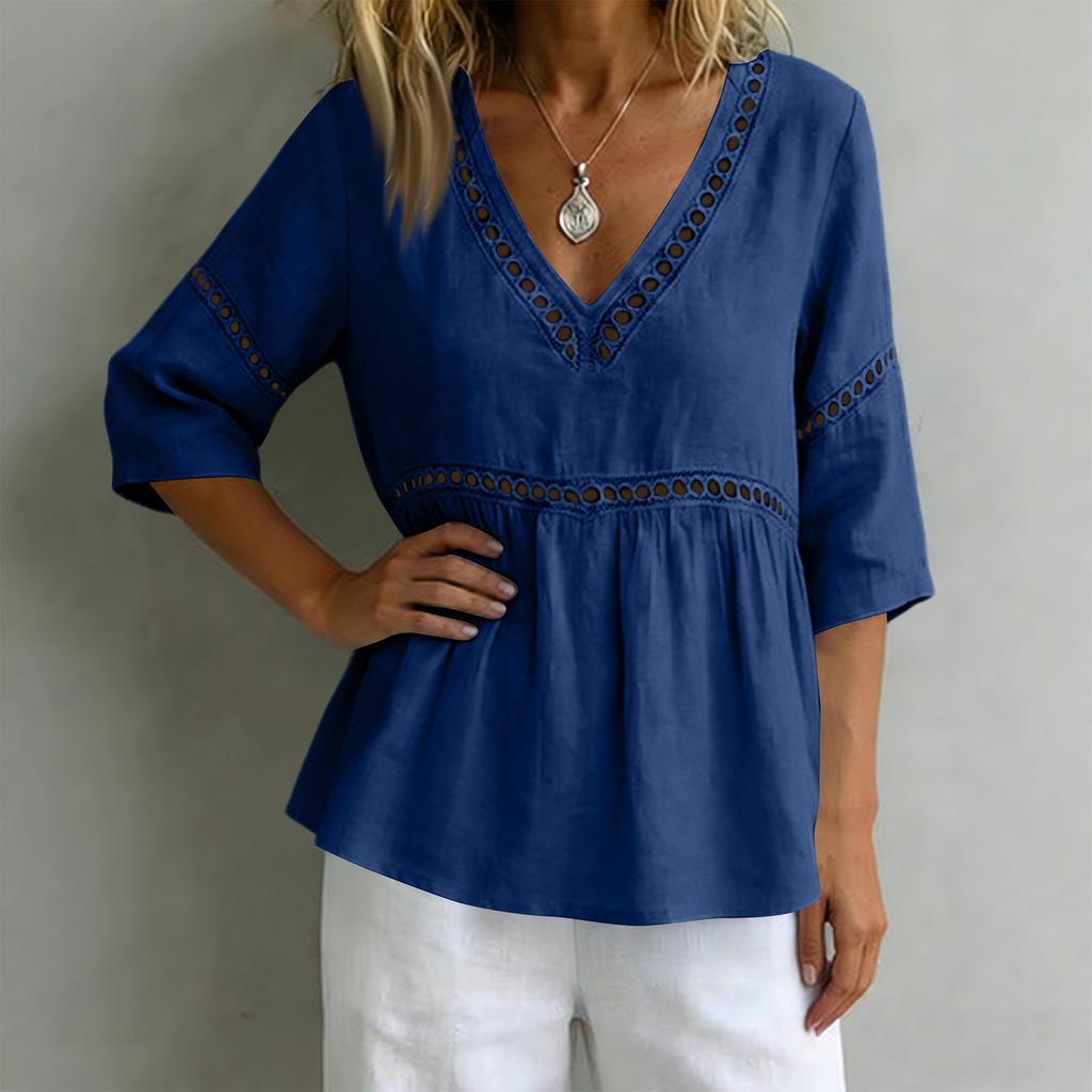 Ladies' Fashionable Casual V-neck Mid Sleeve Women's Top Shirt