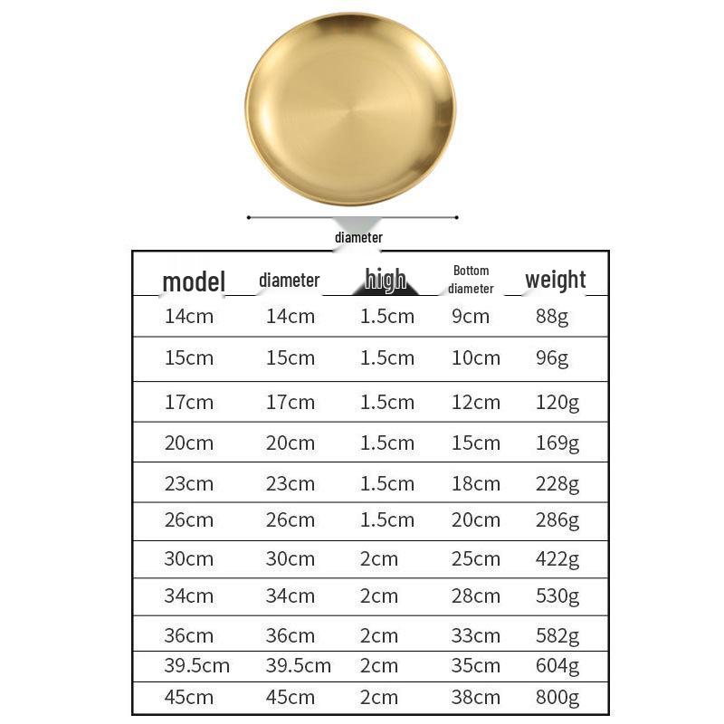 Goldener koreanischer runder Teller aus Edelstahl 304 - Verdicktes Tablett für Obst, Kuchen, Knochen oder Barbecue.