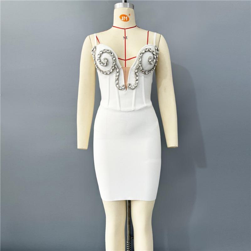 New Bandage Dress Suspender White Sexy Mesh Tight Niche Diamond-encrusted Mini Hip Skirt Women