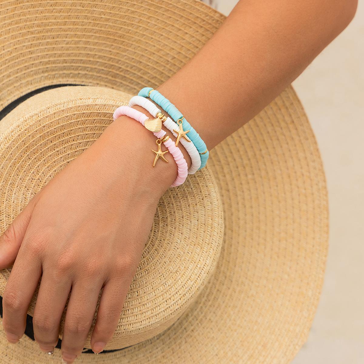 

SHIXIN 3Pcs Bohemian Colorful Soft Pottery Beaded Bracelet Set for Women Beach Conch Starfish Charm Bangle Girls Fashion Jewelry