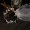 Bridal Veil with Boho Flower Crown One Layer Cut Edge Tulle Petite Beads Decorated Loop Short Veils for Flower Girls