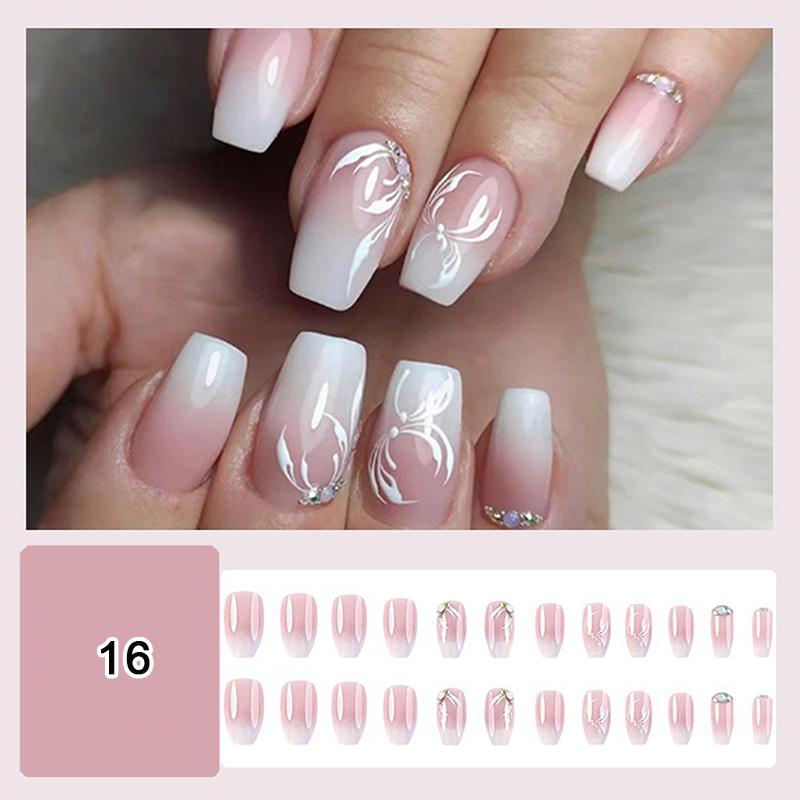 24/30Pcs Medium Fake Nail Set With Jelly Glue Gradient French Press On False Nail Elegantstyle Nails Full Cover Wearing False