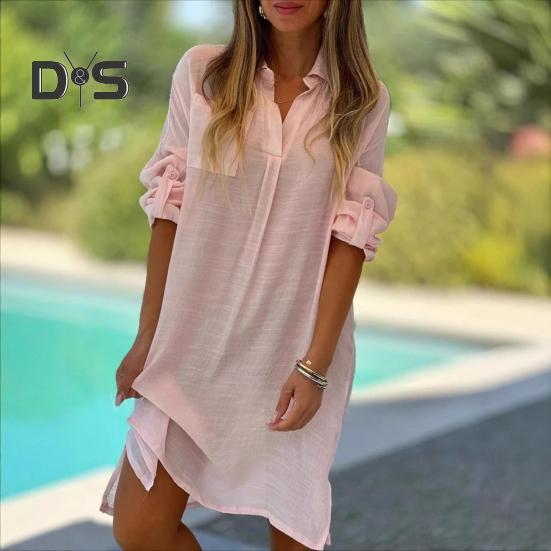 Lady Beach Shirt Dress with Cufflinks Thin Loose Side Slit Midi Dress Turn-down Collar Long Sleeve Dress for Vacation Daily Wear