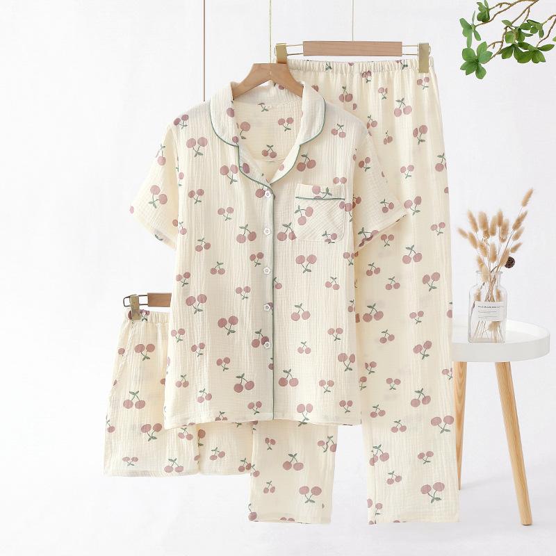 Crepe cotton seersucker women's summer short-sleeved trousers and shorts three-piece set lapel loose loungewear pajamas