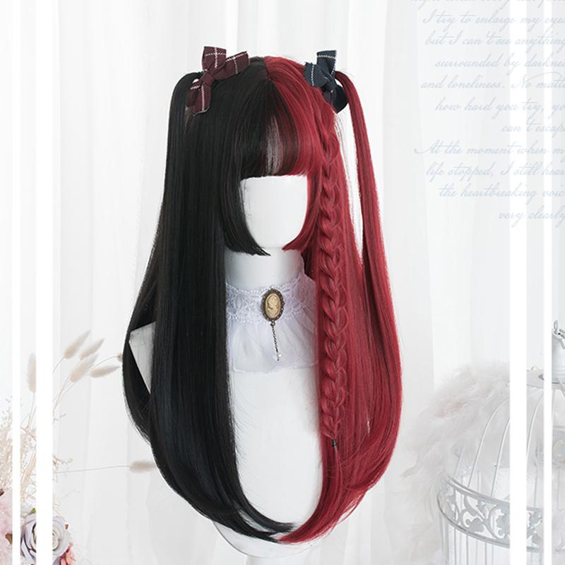 Rot-Schwarz-Blond-Weiß-Synthetik-Lolita-Perücken für Frauen, lange, glatte Perücke mit Pony, Genshin Impact Cosplay-Perücke
