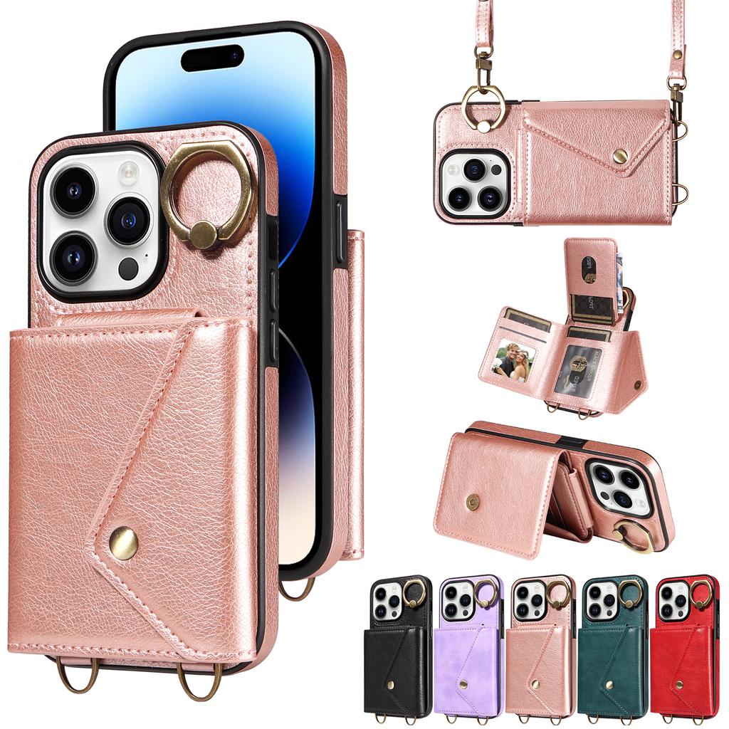 Para iPhone 16 Series.para iPhone 16,16 Plus,16 Pro,16 Pro Max Alça de Ombro Corda Anel Suporte Design Slots para Cartão Padrão Lichee Capa para Telefone