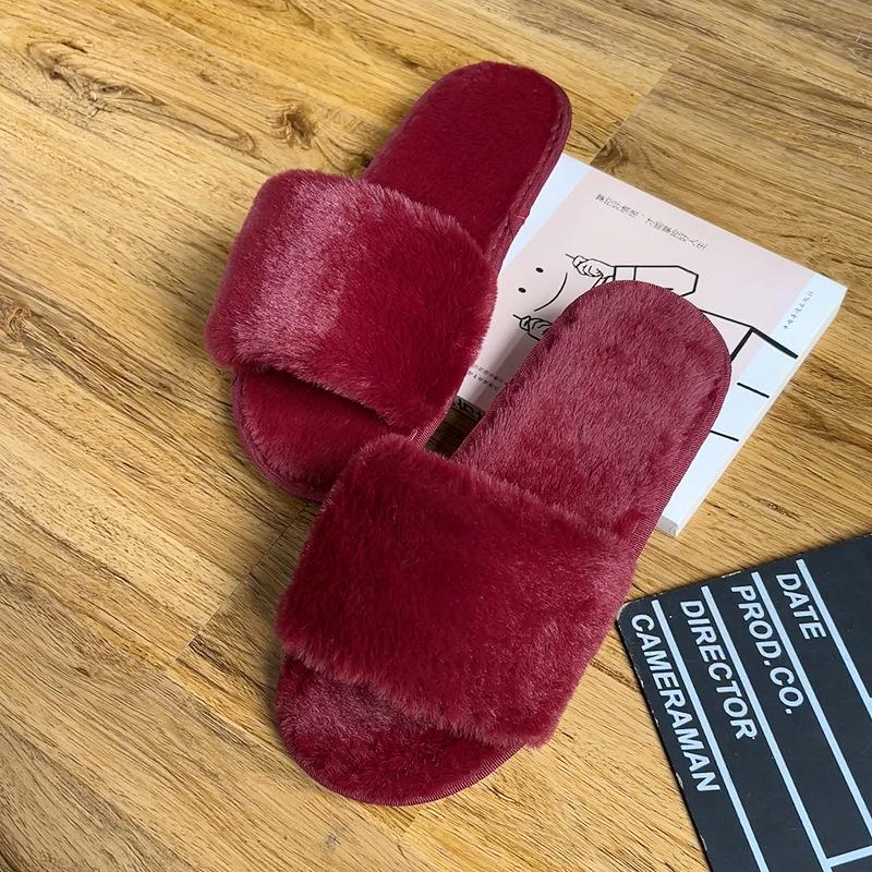 Plus Size Fluffy Rabbit Fur One-Strap Flat Bottom Slippers