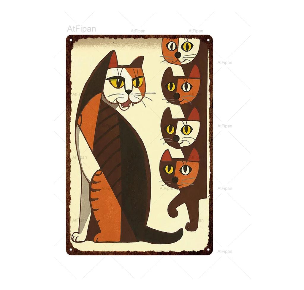 Vintage Japanese Samurai Cat Tin Sign  Retro Metal Wall Art for Home Decor  xCM  Unique Animal Tattoo Design