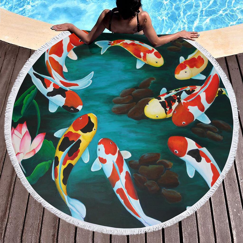 Koi Fish Round Beach Towel Soft Sand Free Quick Dry Circle Bath Towel Absorbent Meditation Rug Yoga Mat Throw Fringe Tapestry