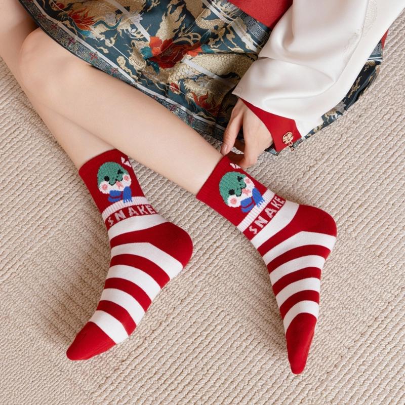 1 Pair Cartoon Snake Year New Year Striped Crew Socks Soft Cotton Chinese Zodiacs Ankle Socks for Festives Celebrations