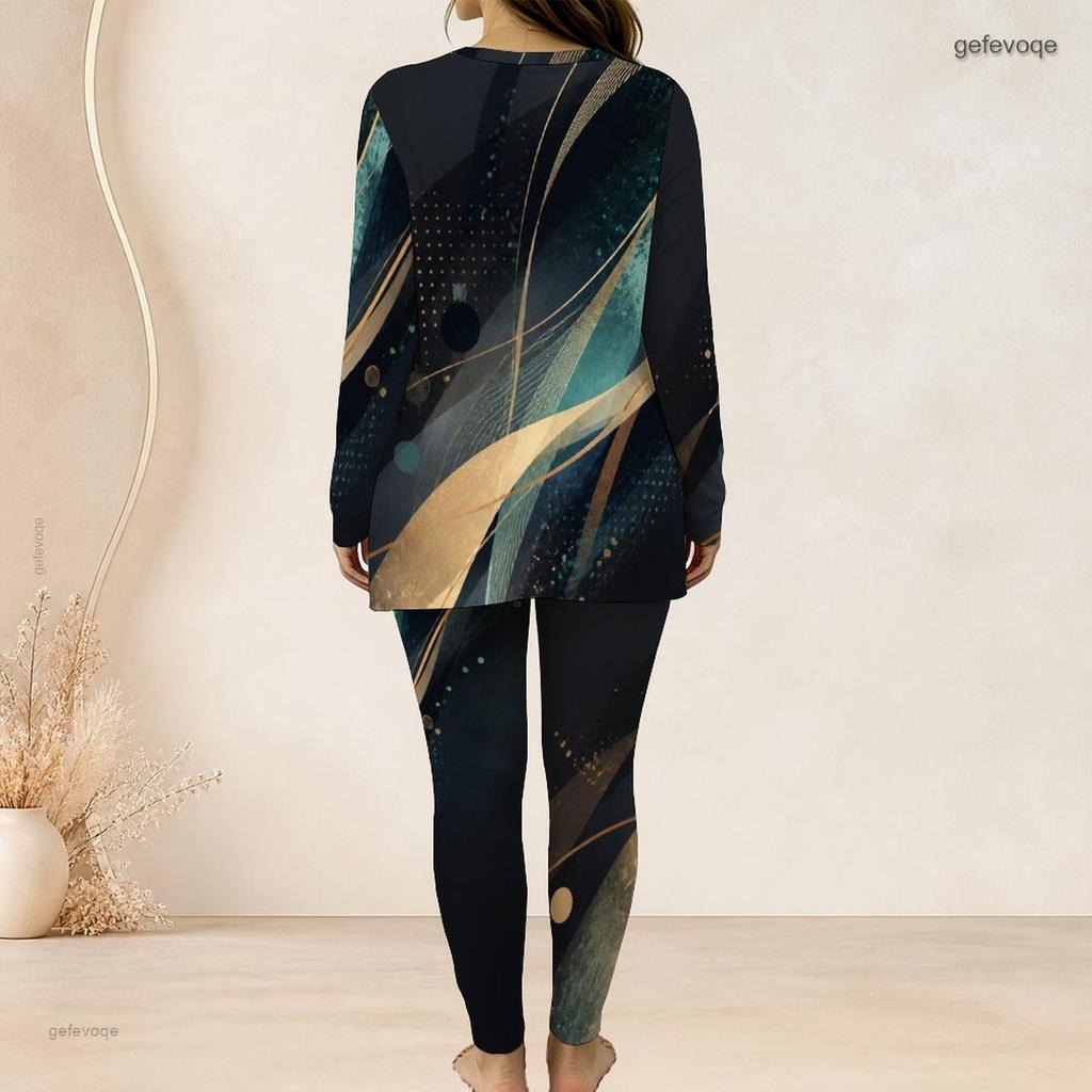 Women Plus Size Two Piece Set Round Neck Long Sleeve Colorful Splash Print Top And Long Pants