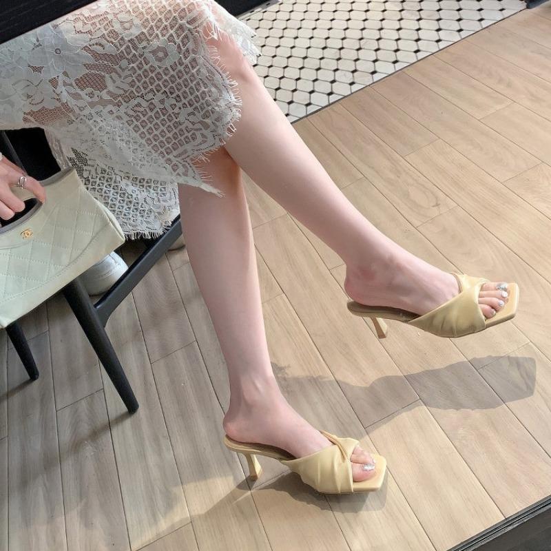 Sheepskin~ 7cm square head pleated one word with half slippers femininity commuter high heel sandals