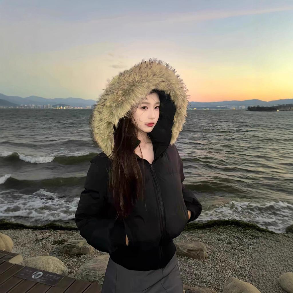 Waist Short Down Jacket Women's New Big Fur Collar Bread Jacket White Duck Down Small Winter Coat