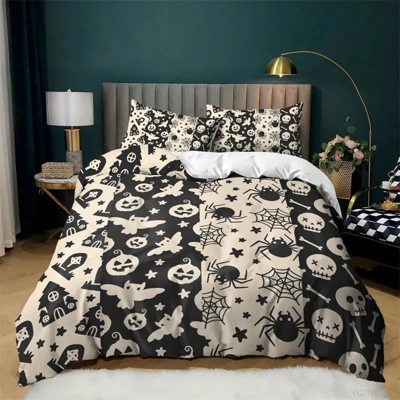 Halloween Queen Duvet Cover Luxury Ghost Festival Bedding Set Microfiber Gothic Pumpkin Skull Comforter Cover With Pillowcases
