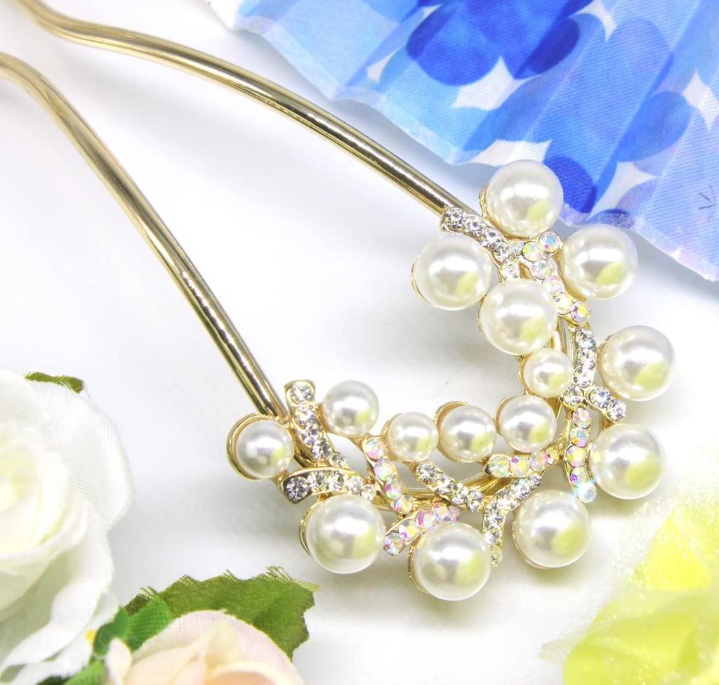 [Miaomyao] Kanzashi U-shaped Hair Ornament for Japanese Clothing, Yukata, Kimono, Simple Pearl Hair Comb Hair Accessory Gold