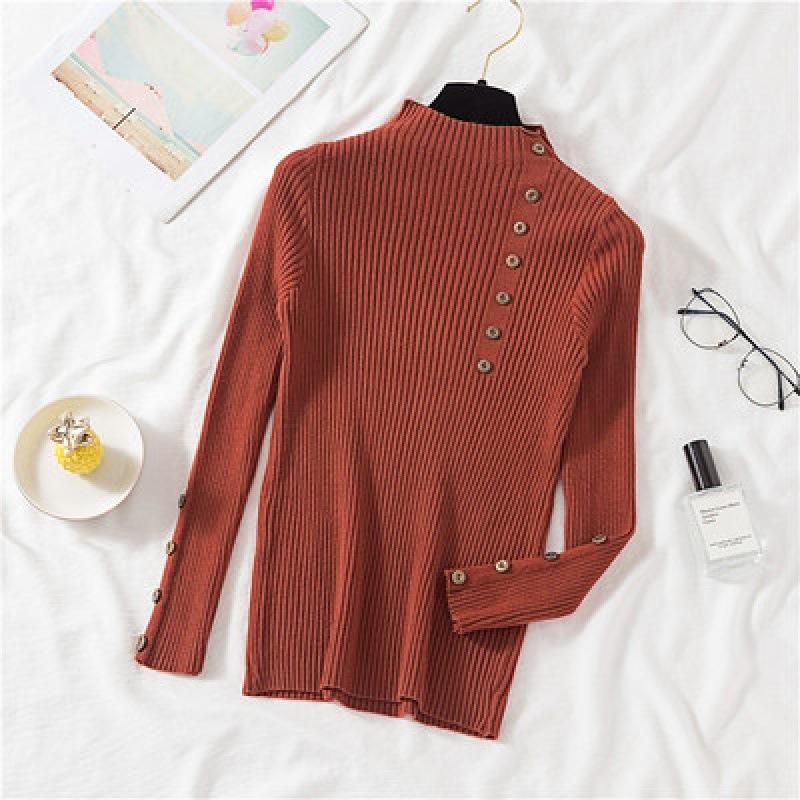 Women Autumn Knitted Slim Sweaters Solid Knitted Female Cotton Soft Elastic Color Pullovers Button Full Sleeve Turtleneck