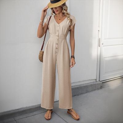 Women's New Leisure Vacation Simple V Neck Solid Color Elastic High Waist Wide Leg Jumpsuit