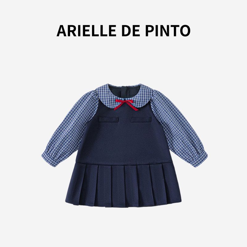 French Arielle De Pinto Girls  Dress Autumn Style College Style Plaid Shirt Pleated Patchwork Skirt Tibetan youth 140