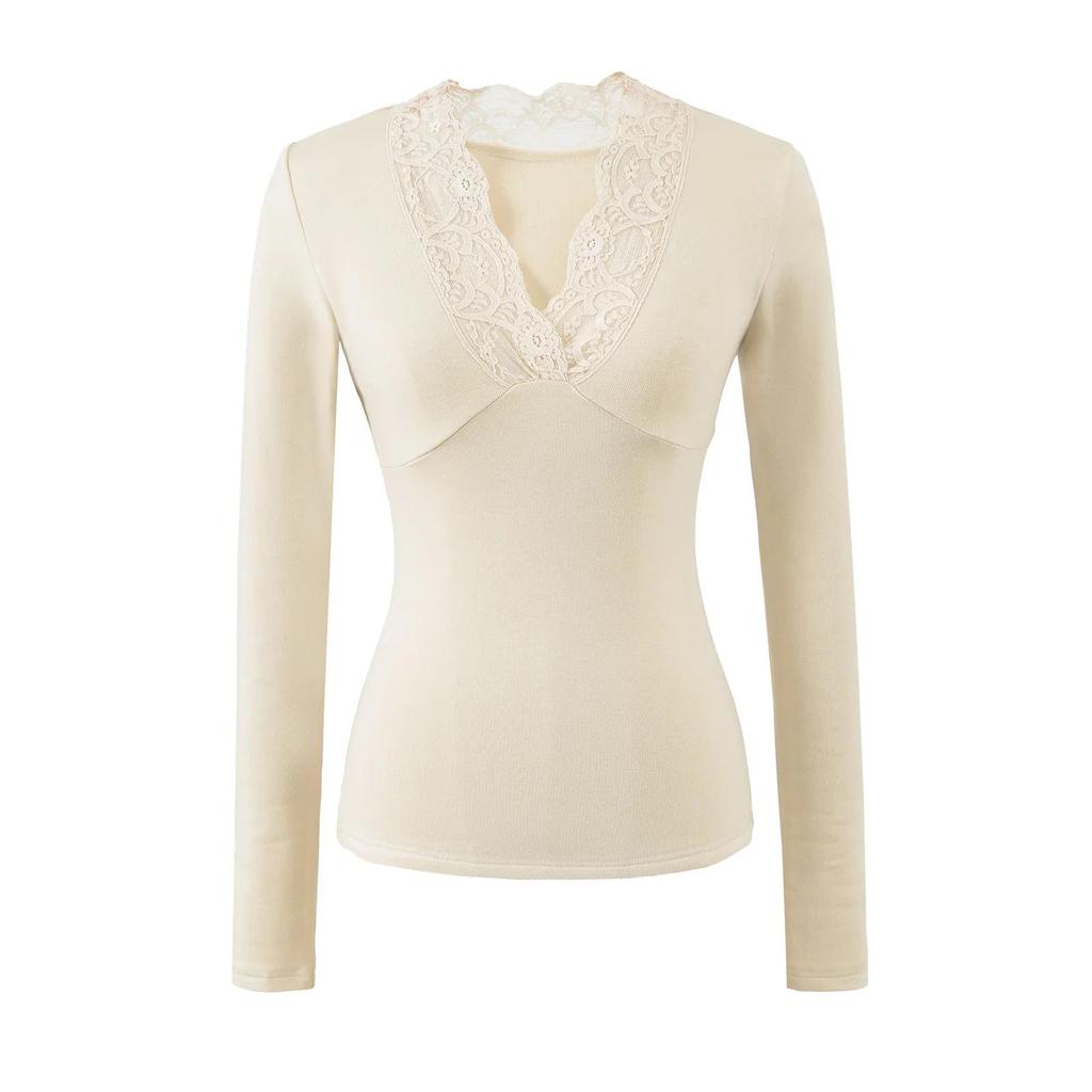 Women's 2026 Slim Fit Deep V-Neck Lace Patchwork Long Sleeve T-shirt