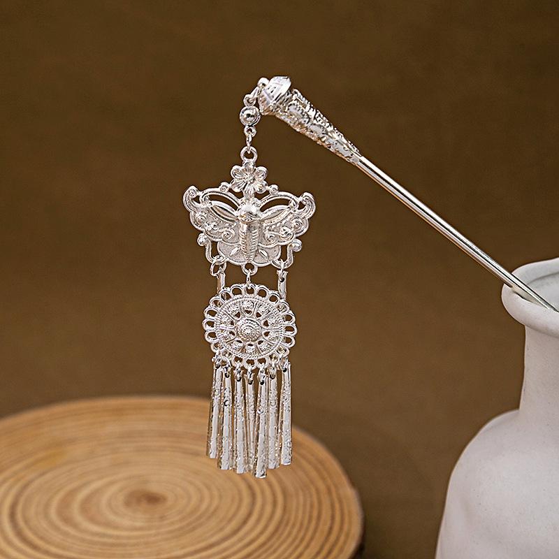 Hairpin Hollow Feather Fringed Hairpin, Ethnic Feng Shui Drop-Shaped Oil Dripping Hairpin Hanfu Disc Hair Accessories