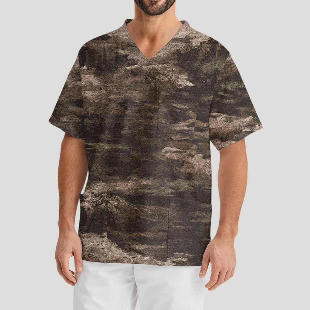 Men's Printing Short Sleeve V-neck Working Blouse Chest Pocket Carer Top