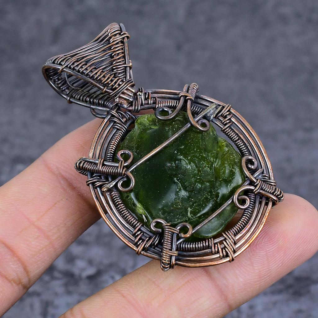 Natural Moldavite Quartz Gemstone Copper Wire Wrap Jewelry Pendant 2.44" M8r02