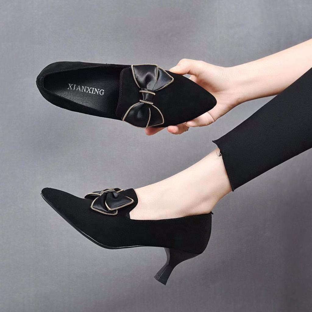 Fashion pointed deep mouth single shoes spring new bow rhinestone sheepskin one pedal middle heel single shoes