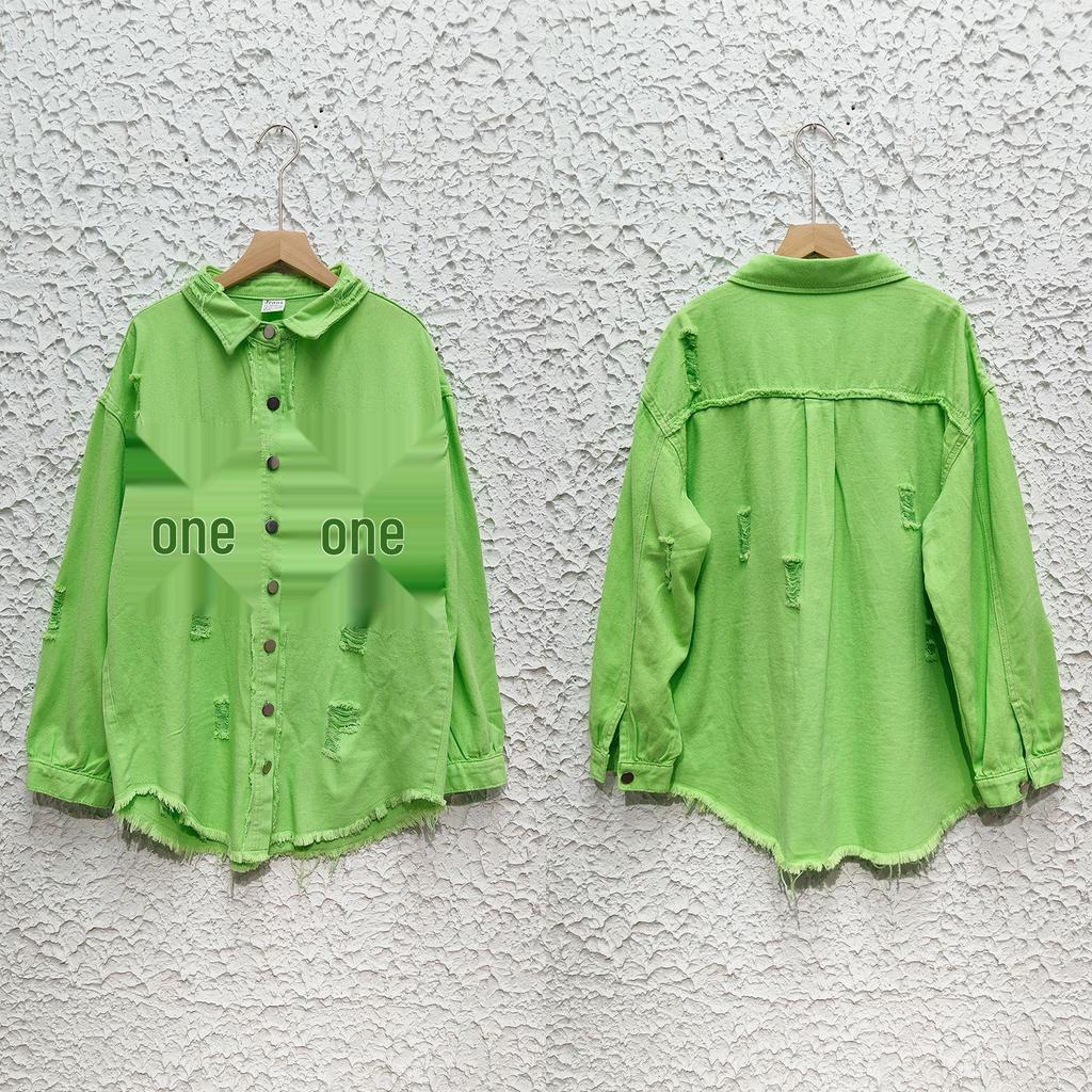 Ny 2023 Dame Høst/Vinter Denim Cardigan - Ensfarget, Enkeltradet Skjortejakke med Nedslått Krage