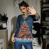 Damen Casual Mode Sexy Bequem Weihnachts-Print V-Ausschnitt Knopf Dreiviertelarm Oberteil