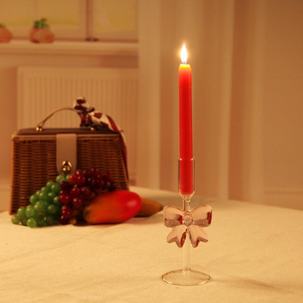 Luxury Transparent Glass High Footed Pink Big Bow Romantic Candle Holder Party Table Decoration Use Candle-stick Decent Gift