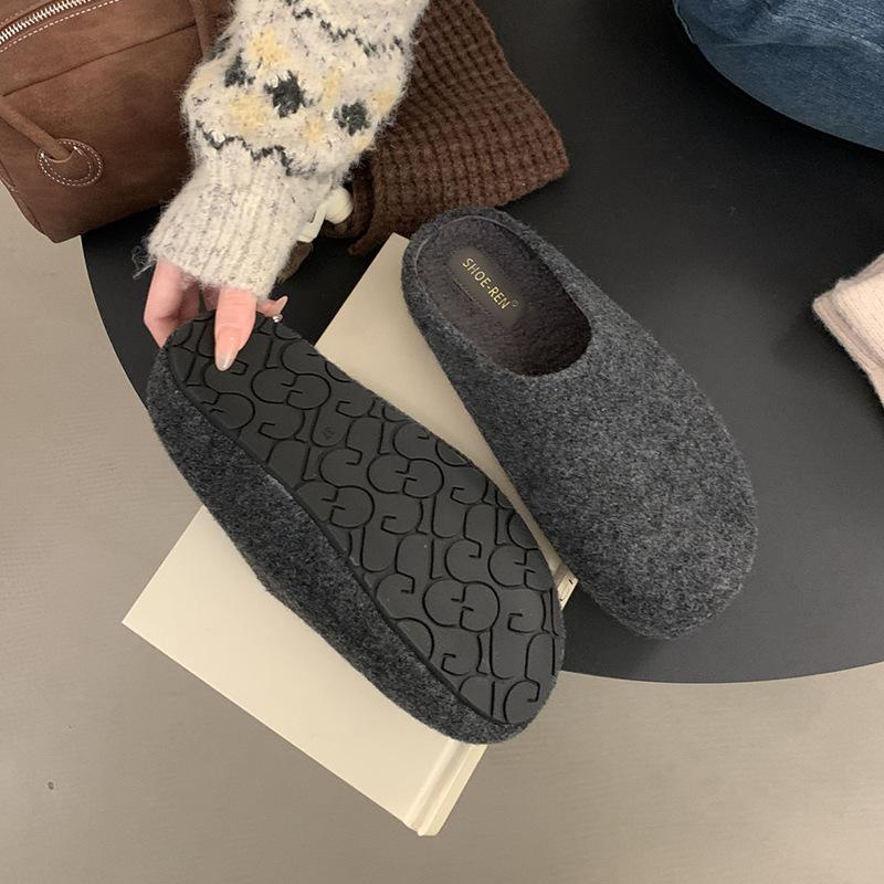 Grey Woolen Retro Inner Height Increase 4cm Boken Shoes Women's Thick-soled Small Potatoes Plush Warm Bag Head Fluffy Slippers