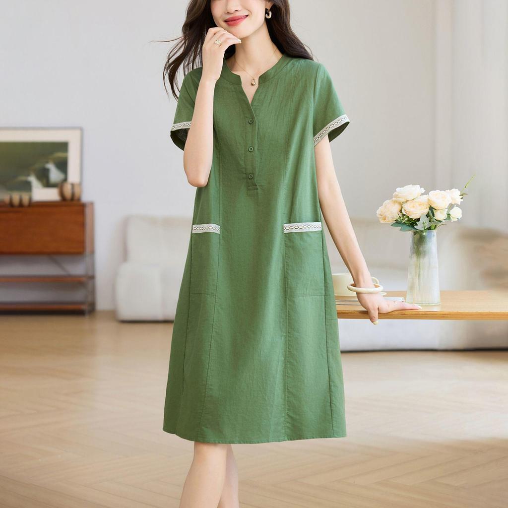 Women's Summer Cotton-Linen Dress: Petite, Slimming, Loose-Fit for Middle-Aged Moms