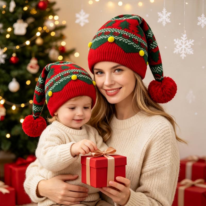 Unisex Adult Kid Christmas Jacquard Knitted Beanie Winter Warm Ear Protection Yarn Hat Family Matching Holiday Costume Pullover Hat for Christmas