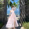 Pink Spaghetti Strap Dress for Women, High-end V-neck Sleeveless Long Dress for Summer