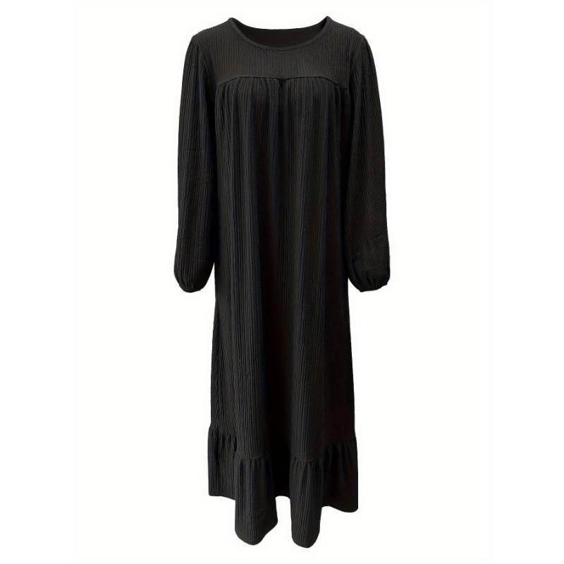 Damen Robe Frühling Herbst Kleid Mode Langarm Retro Langes Kleid Einfarbig Rüschen Saum Kleid