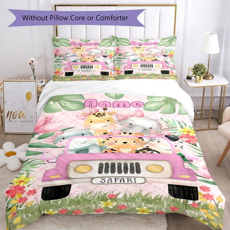 3pcs Custom Name Animals Bedding Set Duvet Cover Closure Includes 1 Duvet Cover & 2 Pillowcases, Soft and Comfortable for All Seasons.