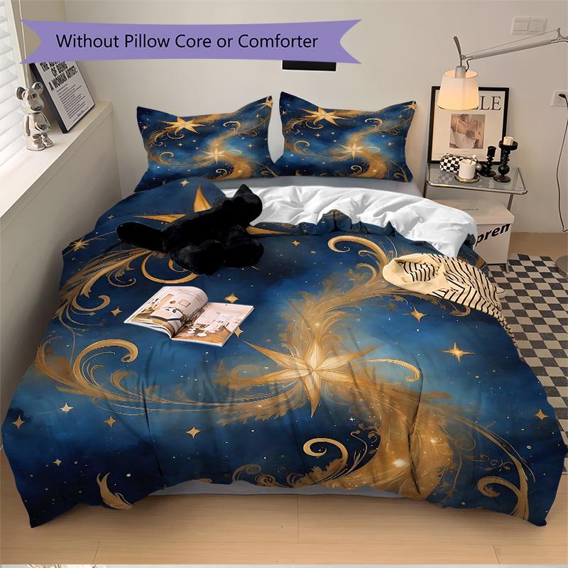3pcs Golden Celestial Dance Bedding Set, Includes Quilt Cover and Pillowcases, Suitable for All Seasons