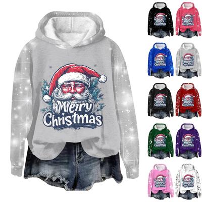 Women's Fashion Pullover Plunging Sleeve Christmas Printed Hooded Sweatshirt