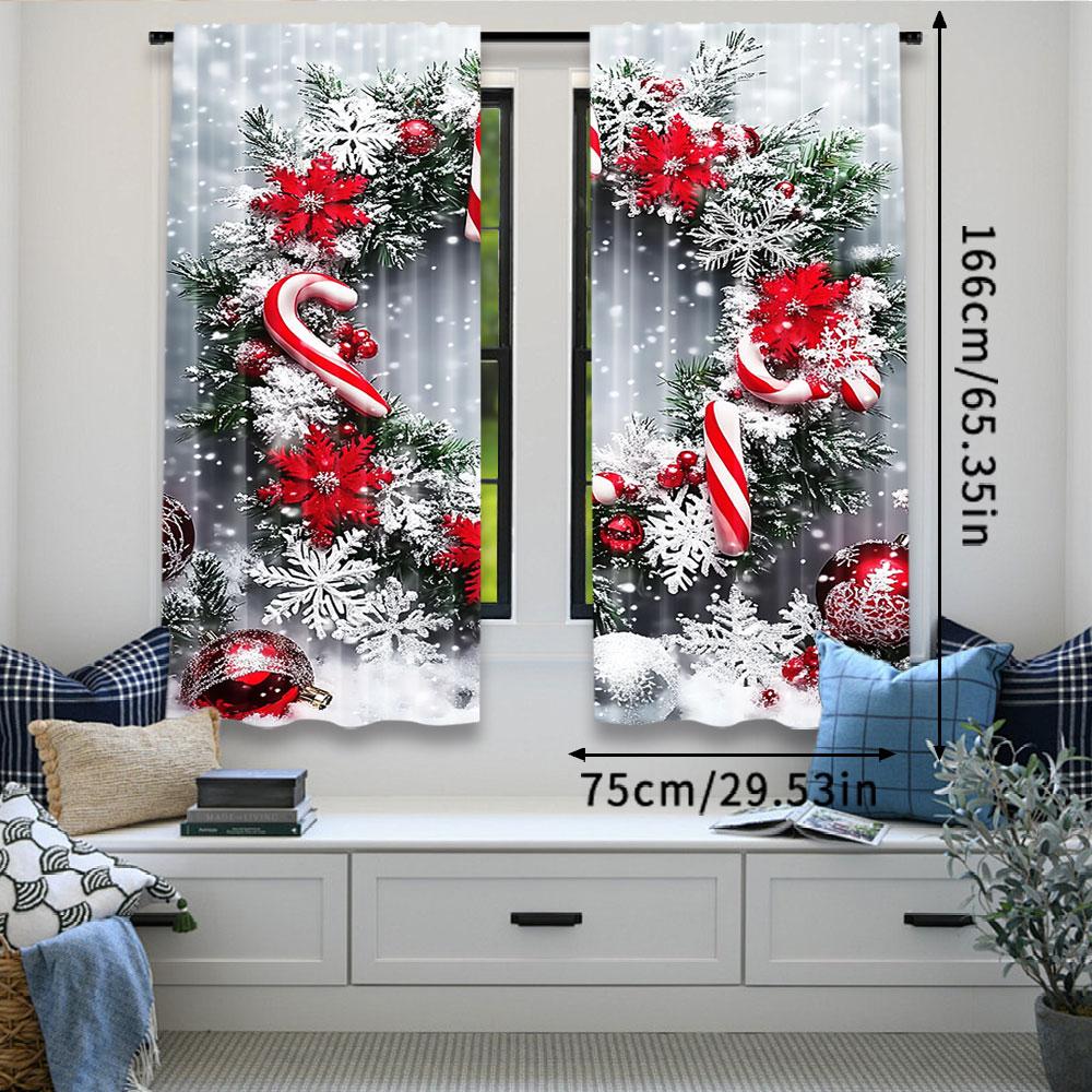 2Pcs Christmas Holiday Theme Curtain Decoration For Christmas New Year Snowy Candy Cane Design Aesthetic Window Drapes A